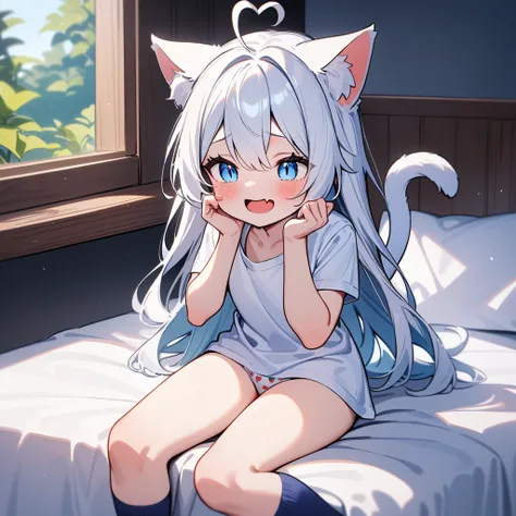 （masterpiece：1.2，high quality），8K，High resolution，A seven-year-old girl，cute girl，white hair，long hair，light blue eyes，slit pupils，heart ahoge，cat ears，laughing，skin fang，Wearing a white shirt，no shorts，Strawberry pattern panties，Sitting on the bed，There a...