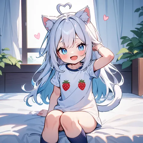 （masterpiece：1.2，high quality），8K，High resolution，A seven-year-old girl，cute girl，white hair，long hair，light blue eyes，slit pupils，heart ahoge，cat ears，laughing，skin fang，Wearing a white shirt，no shorts，Strawberry pattern panties，Sitting on the bed，There a...