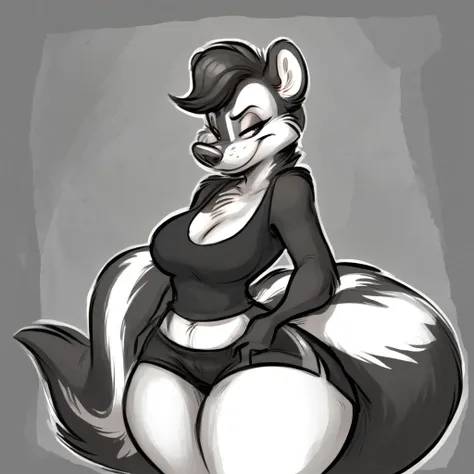 A anthropomorphic skunk, wearing black swimming shorts, surrounded by evil anthropomorphic robotic foxes, has thick thighs, high quality, crisp, 