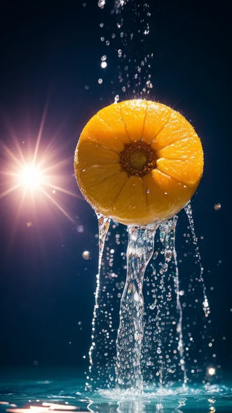 Summer Dream，The faucet washes the fruit in the sink，Dreamy lighting，The scattered water drops float in the air and sparkle in the sun，HD，Details，Best quality