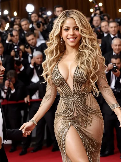 Shakira, beautiful, happy smile, dressed in high fashion attire, highlighting elegance and allure, complementing a form-hugging, sequin-embroidered dress that cascades with subtle sheer panels, 