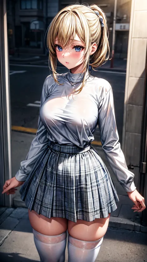 1girl,masterpiece,best quality,blonde hair,(short ponytails),blue eyes,(white stockings),(grey plaid skirt),standing,in full length,medium breasts,white t shirt,in front of streets,extremely detailed,[[realistic]],beautiful alluring anime teen,seductive an...