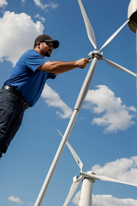 A person installing a wind generator 