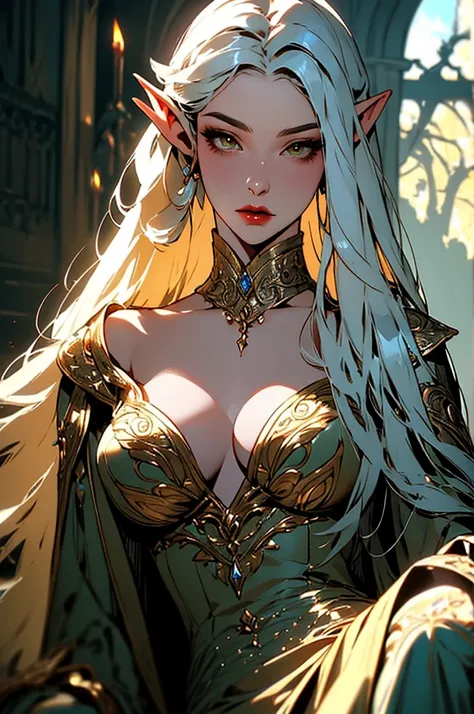 { - anatomy error}(Masterpiece - Ultra-detailed, very high resolution) Prepare to be enchanted by a true masterpiece that combines ultra-detailed art with high-resolution rendering. This work depicts a mesmerizing adult elf with long white hair (1.3) and c...