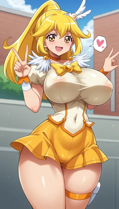 score_9, score_8_up, score_7_up, outdoor,
BREAK
source_anime, 
BREAK
1girl, curepeace, yellow hair, elect big nipple, huge breasts, happy, spoken heart, 
navel, skin tight,
tall, leggy, glistened skin, oiled skin, shiny skin, heavy breathing, wide hips, ti...