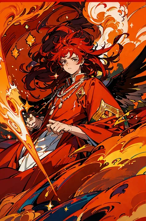 High-quality digital painting of a young man with long flowing brown hair and piercing orange eyes, adorned in majestic royal attire, controlling vibrant flames with a single pair of enormous crimson wings sprouting from his back, intense and powerful, det...