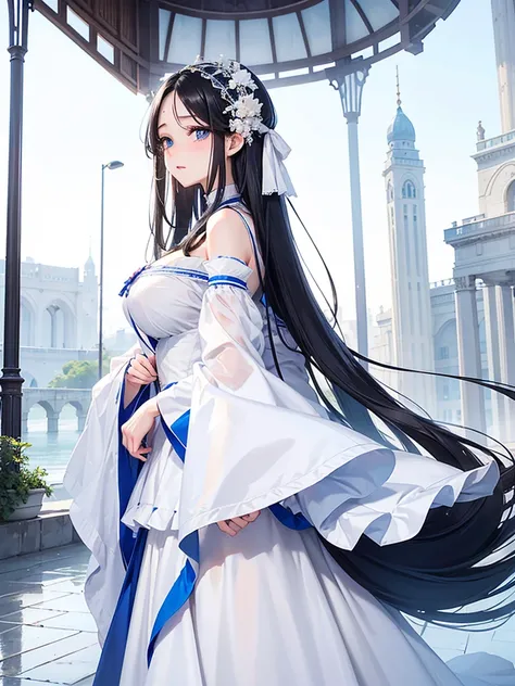 Black Hair、blue eyes、I have long hair、female、White Dress、Blushing、Straight Hair、palace、reservoir、Super long hair、Hair that reaches the ground、head band、Show me your forehead、Drooping eyes、大人のfemale性、Big Breasts