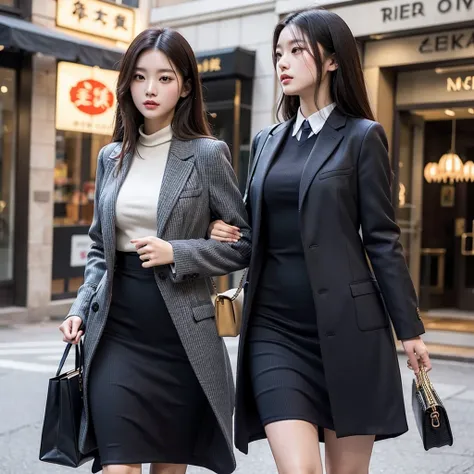 beautiful chinese girl, wearing clenched ribbed dress, covered outer blazer, boutique fashionable clothing store, carrying a womens bag, fashionable, intricate details, best quality