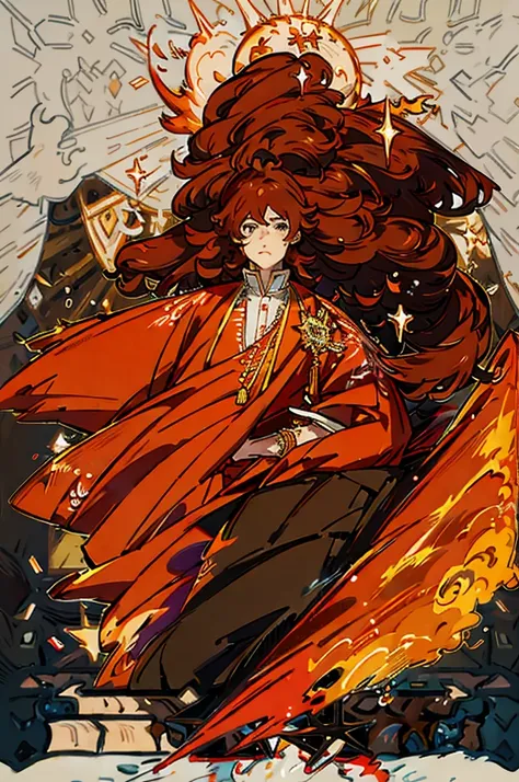 High-quality digital painting of a young man with long flowing brown hair and piercing orange eyes, adorned in majestic royal attire, controlling vibrant flames with a single pair of enormous crimson wings sprouting from his back, intense and powerful, det...