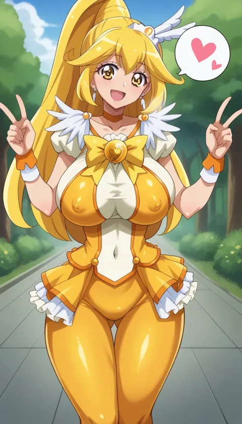 score_9, score_8_up, score_7_up, outdoor,
BREAK
source_anime, 
BREAK
1girl, curepeace, yellow hair, elect big nipple, huge breasts, happy, spoken heart, 
navel, skin tight,
tall, leggy, glistened skin, oiled skin, shiny skin, heavy breathing, wide hips, ti...