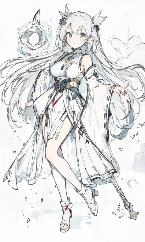 miko dress,big chest,white hair,full body, staff , Red Skirts 