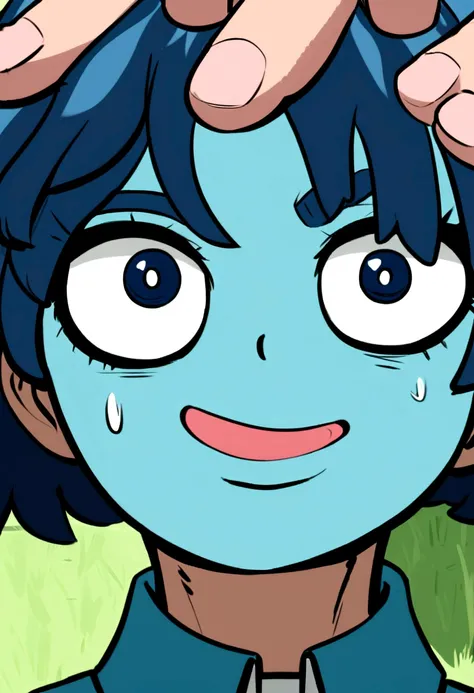 Captura de pantalla de my hero academy, a girl and a boy black and blue hair, ojos amarillos intensos, pecas en la cara, en un ambiente de un parque