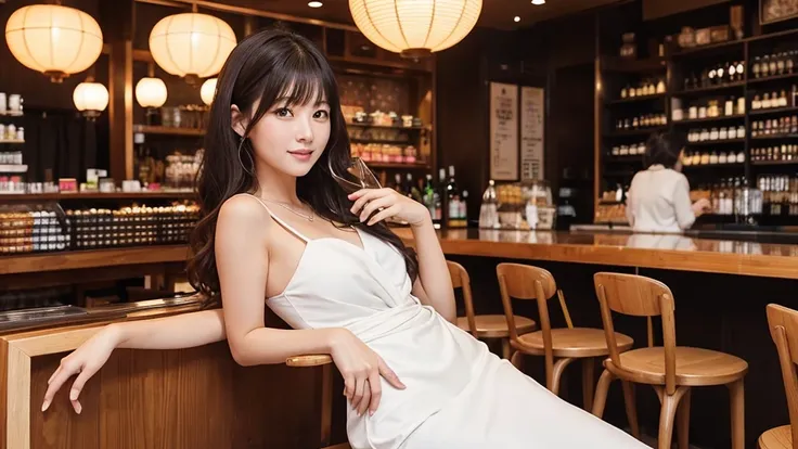 ・A hostess in a Bukicho club ・A Japanese woman in her 20s ・Wearing a gorgeous white dress ・Serving customers while sitting on a chair ・The interior of the store has a high-class atmosphere