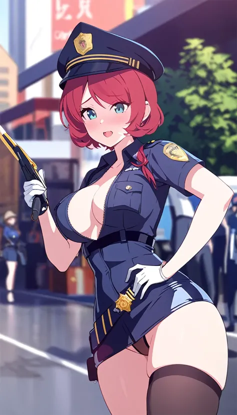 High quality, Red hair, Short hair, Police woman, Sexy outfit, Slut, in public, 4k 