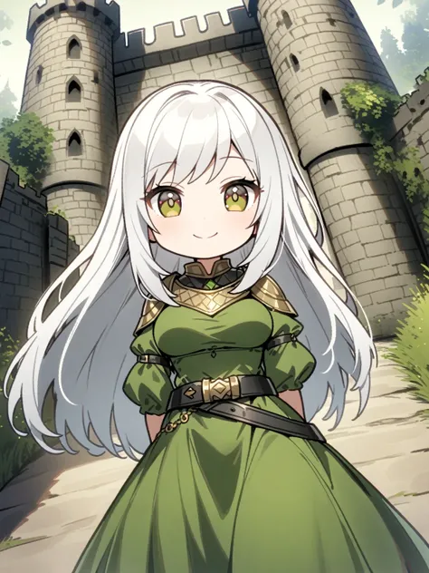 {{upper body, dutch angle}} {{Artist: Kamepan44321}} 1girl, mature female, white hair, longhair, hazel eyes, medium breasts, smiling green dress, black belt with gold, outdoors, castle entrance, standing, hands on sides, pov, medieval fantasy, chibi, solo,...