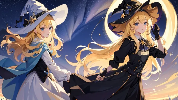 ((Masterpiece:1.2, Best quality)), 1girll, Solo, (Witch hat), Blonde hair, Long hair, dress, aurora, Night, Star (sky), mitts, sky, White dress, Night days