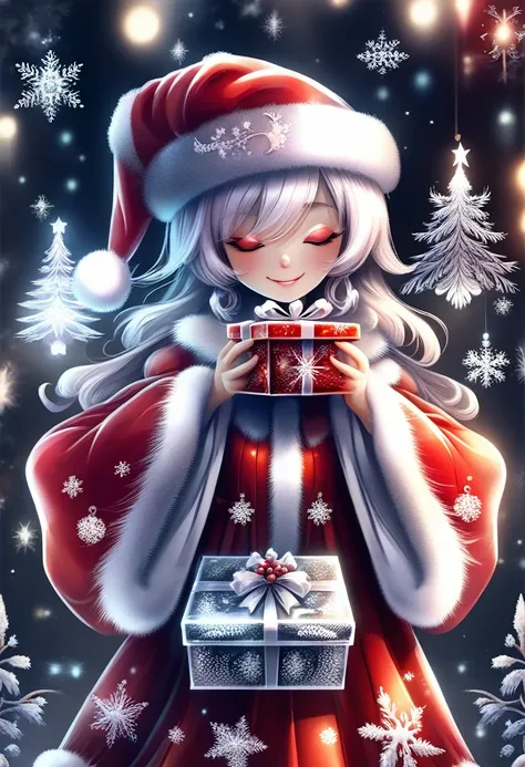 FrostedStyle, beautiful girl wearing red Christmas dress is holding a Christmas gift, a big happy smile with closed eyes, (sparkles, shiny clothes, shiny eyes), Background Transparent. 