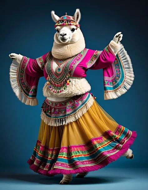 photorealistic portrait of Dressed animals - a ((fat)) ((alpaca)) dancer,(furry), (dynamic dancing:2.0), (swinging arms :2.0),(happy smile:1.2),high quality,(happy),(lovely) ,intricate details, (sheer veil), highly detailed (( gypsy belly dancing clothes))...