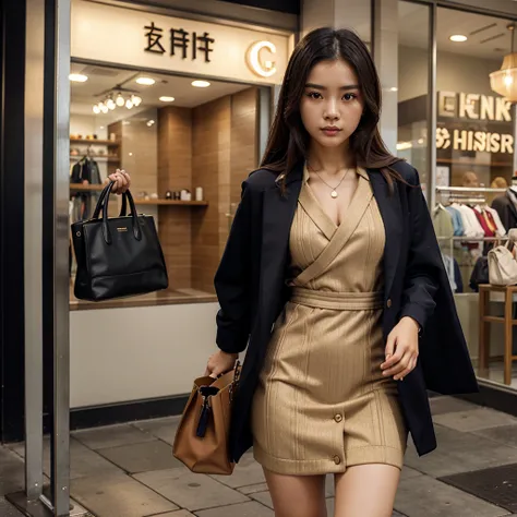 beautiful chinese girl, wearing clenched ribbed dress, covered outer blazer, boutique fashionable clothing store, carrying a womens bag, fashionable, intricate details, best quality