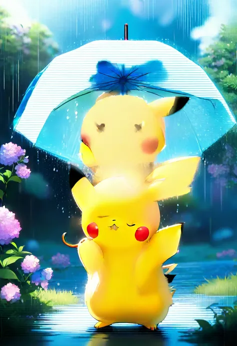 ((anime:1.4,illustration)),(masterpiece, top quality, best quality),(ultra-detailed, absolutely resolution),((16k, high res)),

(((A sphere made of hydrangeas, Pikachu standing on it with umbrella, rain, light blue background))

((cozy lofi illustration:1....