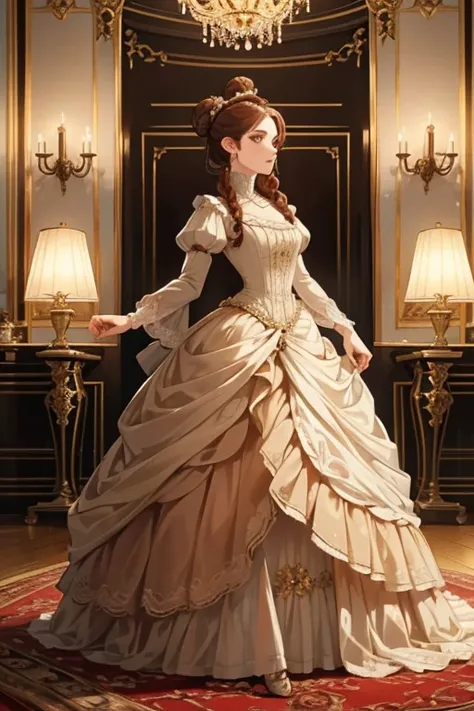 Beautiful aristocratic woman of victorian era, Europe in the 18th century, reddish brown hair，Exquisite high bun braid hairstyle, curls, elegant ballroom dress, Standing in the luxurious banquet hall, Delicate and meticulous, 8K, Reality, Dramatic Lighting...