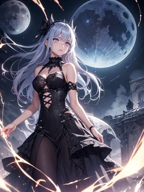 a girl, ((detailed eyes, detailed face, detailed body)), lightning eyes, full body, Gothic dress, 
midnight, lost technology, ancient scape, eclipse, Moonglow, lethal weapon, mist, smoke, glowed orb