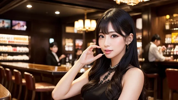 ・A hostess in a Kabukicho club ・Wearing a gorgeous dress ・Serving customers while sitting on a chair ・A luxurious atmosphere inside the store ・Large black eyes and long eyelashes、Small nose and mouth、Plump Cheeks
