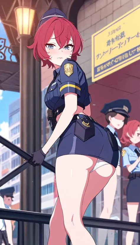 High quality, red hair, short hair, Cocky appearance, female police officer, sexy outfit, Not wearing underwear, short skirt, Slut, in public, 4k