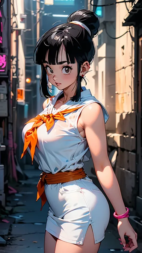 (ultra realistic,32k,RAW photo:1.1),(high detailed skin:1.1), 8k uhd, dslr, high quality, film grain, (makeup, mascara:1.1),(Videl dragon ball :1.4), lips,(thicklips), ,(Cyberpunk ruined dungeon ruins alley background :1.4 ), (miniskirt white :1.4), (media...