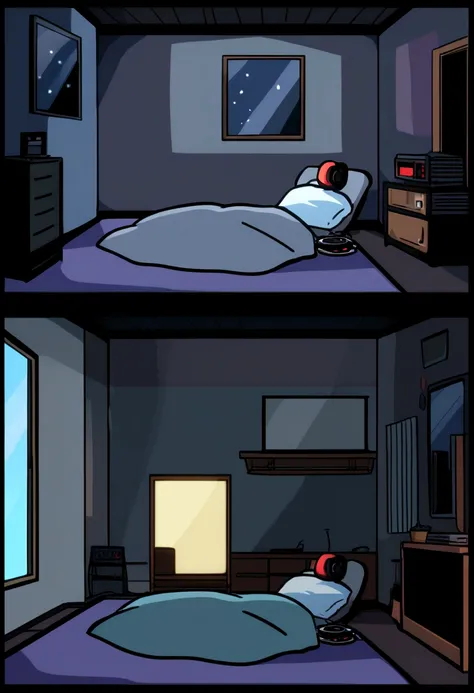 Comfortable room at night, Using headphones, 2D style anime, Low Fidelity, harddisk, Dark Environment