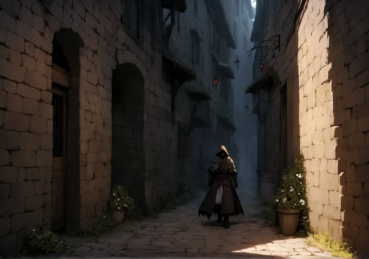 fantasy medieval background 4k 8k high quality in an alley way dark and mysterious but its still day time, but dark and scary no characters at all