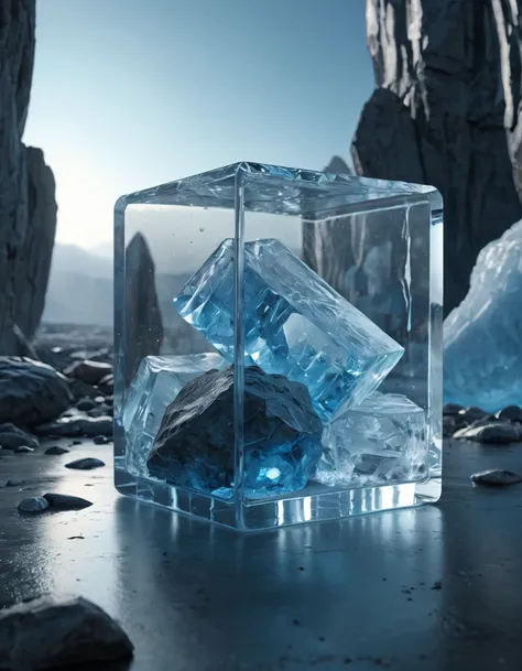 ultra realistic 8k cg, flawless, clean, masterpiece, professional artwork, famous artwork, cinematic lighting, Iceblocks, (((photo raw)), background), a large clear  glass futuristic  container with a messhall inside, blue  rock