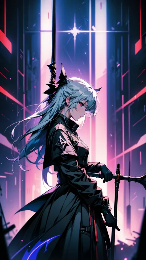 Anime girl holding a scythe in a dark room with blue light, from Arknights, artstation pixivでトレンド, Arknights, From Girls Frontline, by Shimo, zerochan art, anime style like fate/Stay Night, Nightcore, Devil Anime Girl, Fate Grand Order, Amazing anime 8k, 8...