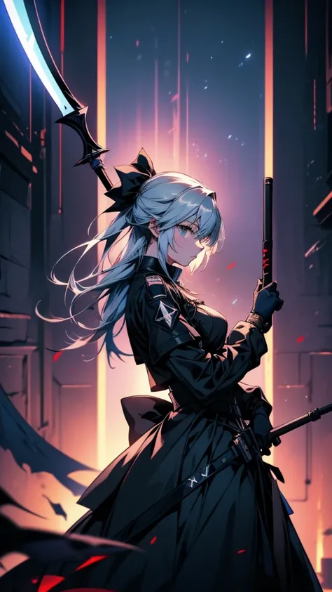 Anime girl holding a scythe in a dark room with blue light, from Arknights, artstation pixivでトレンド, Arknights, From Girls Frontline, by Shimo, zerochan art, anime style like fate/Stay Night, Nightcore, Devil Anime Girl, Fate Grand Order, Amazing anime 8k, 8...