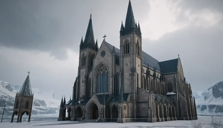 A medieval Gothic cathedral in the Arctic, exterior of Kylesville Cathedral built in 1357, Scottish stone architecture, detailed Gothic spires, buttresses, and arched windows, snowy landscape, overcast sky, atmospheric lighting, realistic, photorealistic, ...