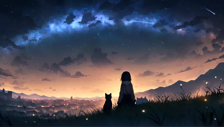 City of night、The sky is wonderful、meteor、3 year old  sitting on top of a building、Black Hair、Back view、The city is bright with streetlights、Landscape Main、Highest quality、Anime Scenery、Xin Haichen、building、Field、Milky Way 110207, distant 3 year old  stari...