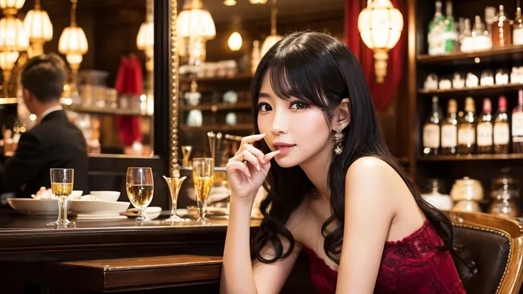 ・Cabaret club in Bukicho ・Japanese woman in her 20s ・Wearing a gorgeous dress ・Serving customers while sitting on a chair ・Luxurious atmosphere inside the store ・Large black eyes and long eyelashes、Small nose and mouth、Plump Cheeks
