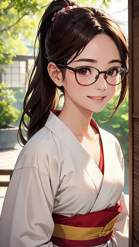 highest quality、Realistic、female、大人のfemale性、zoom、Chestnut Hair、Brown Eyes、ponytail、Glasses、White yukata、From below、smile、Looking down、、Small breasts、Bust Shot、　