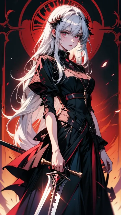 A painting of a woman with long hair and a sword in her hand, Gapmoe Yandere Grimdark, Key Anime Art, White-haired God, detailed Key Anime Art, Vampré the Masquerade, Gothic Maiden Anime Girl, Main visuals of the anime, From Arknights, Nightcore, Best Anim...