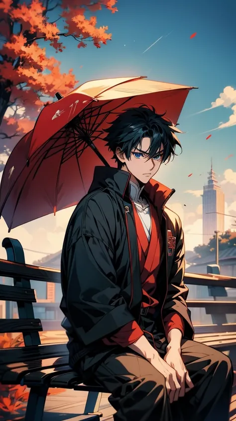 Anime Style, Inspired by Hiro Yamagata, Okikata Kazuto, Handsome anime pose, Tall anime guy with blue eyes, Anime Style. 8k, High quality anime art style, epic Anime Stylemischievous Anime Shōnen sitting on a bench with a red umbrella, Amazing anime 8k, An...