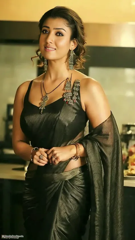 from bottom view, extreme close up photo of back of nayanthara with black lace saree, big cheeks, curvy, hourglass figure, swooping breasts, deep cleavage, open arms, sexy armpits, holding vessel and standing with wide open spread legs in kitchen, necklace...