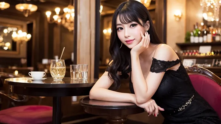 ・Cabaret club in Bukicho ・Japanese woman in her 20s ・Wearing a gorgeous dress ・Serving customers while sitting on a chair ・Luxurious atmosphere inside the store ・Large black eyes and long eyelashes、Small nose and mouth、Plump Cheeks
