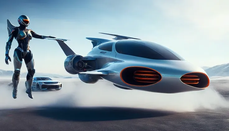 a futuristic concept art of a drone car with passengers