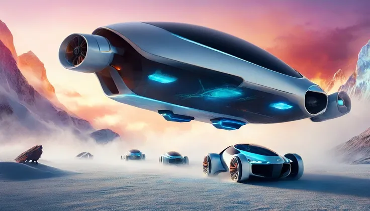 a futuristic concept art of a drone car with passengers