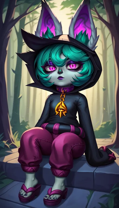 masterpiece,(best quality,top quality,8k),ultra detailed,painting,detailed eyes and face,(1girl),VexLoLXL, yordle, shortstack, pink eyes, green hair, bangs, short hair, grey skin, colored skin, black hood, hood up, ears through headwear, white animal ears,...