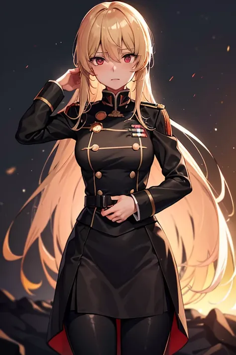 German-style military uniform,world war 2，army suit，Deutsche，，German Third Reich，Commander，Generals，luminous red eyes，youjo senki anime，anime style like fate/stay night，solo person, tanya degerchaft person，whaite hair，hair straight，Long, waist-length hair，...