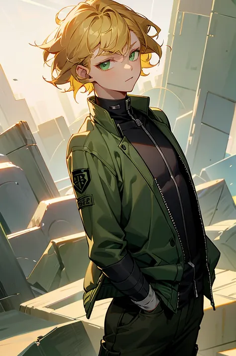 avatar,short wavy hair, black shirt,green jacket, young male, hazel eyes, sunlight, blonde hair, arms in pockets