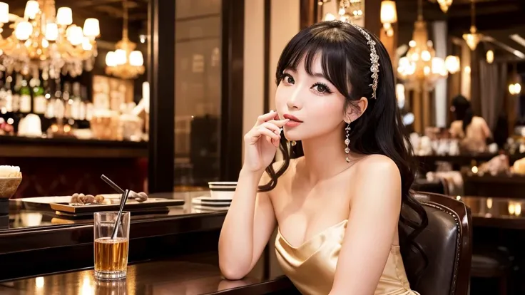 ・Cabaret club in Bukicho ・Japanese woman in her 20s ・Wearing a gorgeous dress ・Serving customers while sitting on a chair ・Luxurious atmosphere inside the store ・Large black eyes and long eyelashes、Small nose and mouth、Plump Cheeks
