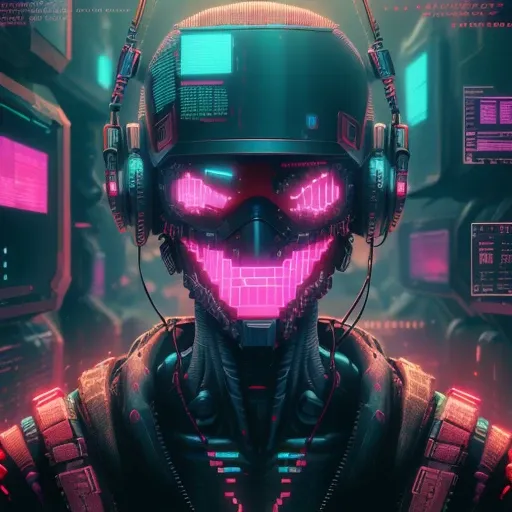 matwaretech  , scifi, cyberpunk, pixelated,  malware glitch,  
holding a smartphone, neon mouth mask,  helmet, visor,