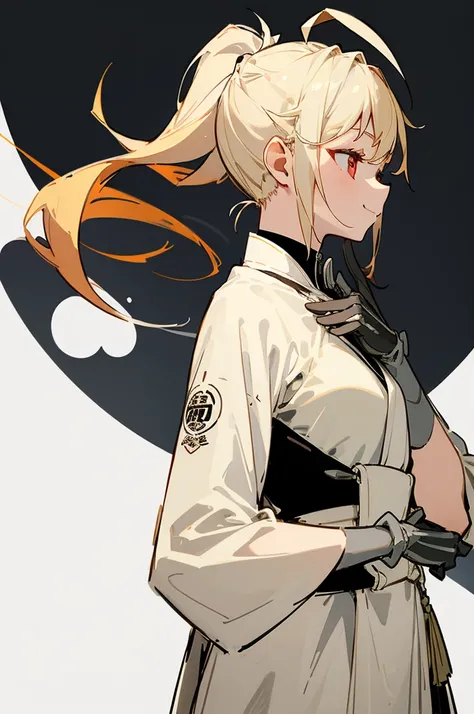 1 girl、straight、Upper body、solo、blonde、red eye、ponytail、Ahoge、gloves、profile、smile、robe blanche、line drawing、simple background、white background
